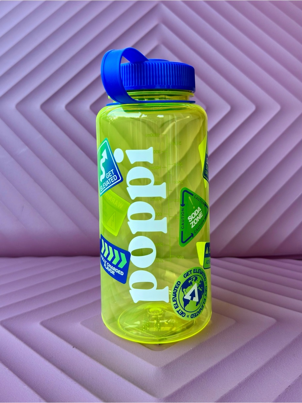 poppi Neon Yellow Reusable Water Bottle with Blue Cap